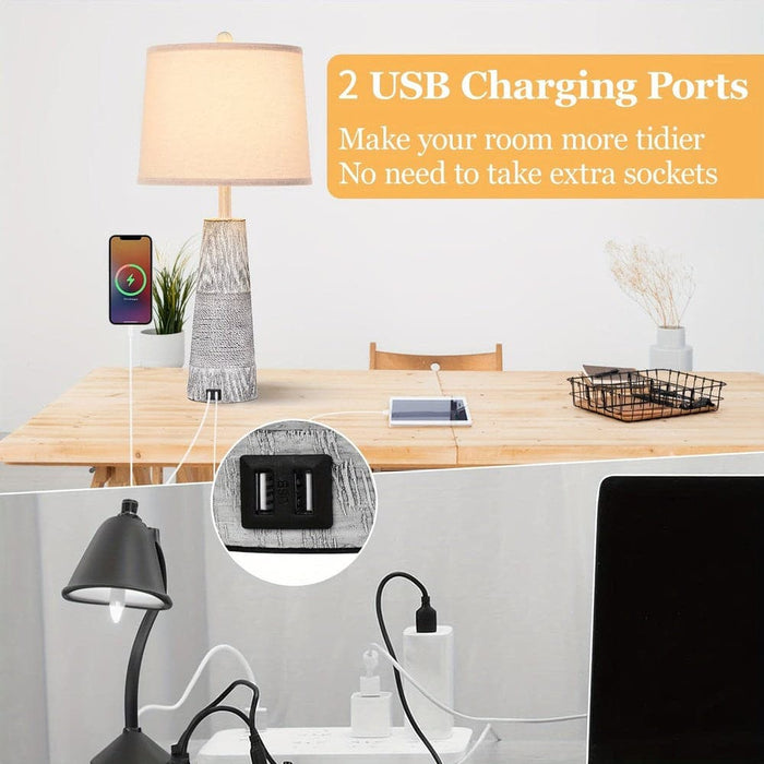 Set of 2 Traditional Table Lamp Desk Lamp, Farmhouse Bedside Lamp with USB Port Rotary Switch for Livirng Room Bedroom Table NightStand-ErisView