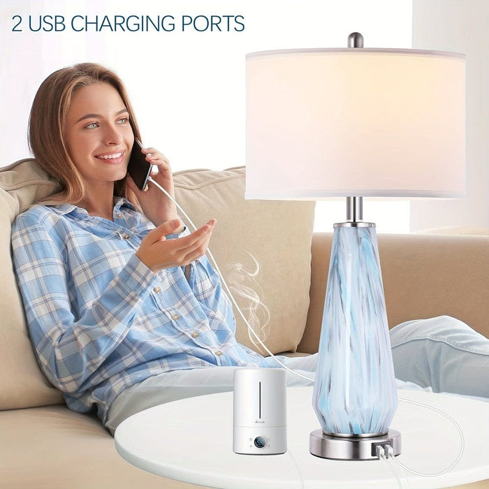 Set of 2 White Modern Table Lamp Bedside Lamp, Dimmable Drum-Shaped Nightstand Lamp with Touch Control USB Ports for Living Room Bedroom NightStand-ErisView