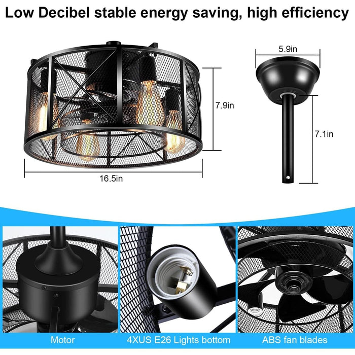 Small Enclosed Caged Ceiling Fan with Light and Remote, Black Farmhouse Industrial Flush Mount Ceiling Fan for Living Room Bedroom Kitchen-7-ErisView