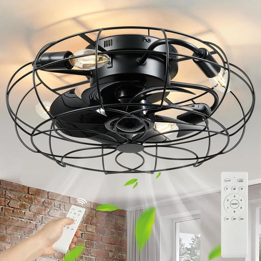 Small Enclosed Caged Ceiling Fan with Light and Remote, Black Vintage Industrial Flush Mount Ceiling Fan Light Fixture for Bedroom Living Room  Dining Room-1-ErisView