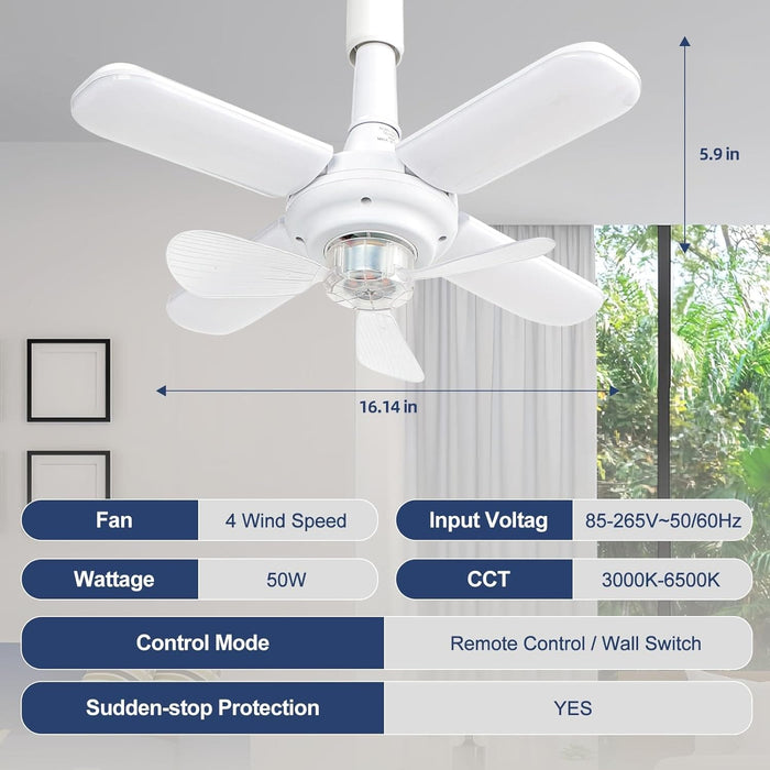 Small Foldable Socket Ceiling Fan with Light, Remote Control Fan, Dimmable Quietest Fan For Sleeping for Indoor Outdoor Use-5-ErisView