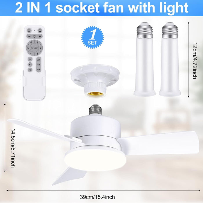 Small Socket Fan with Light and Remote, 3 Blades Dimmable Ceiling Fan for Bedroom, Outdoor Ceiling Fans, Garage Ceiling Fan-2-ErisView