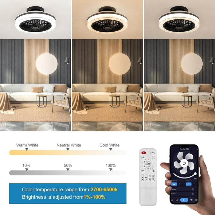 Smart Bladeless RGB Ceiling Fan with Light and Remote, Enclosed Flush Mount Chandelier Fan Light with Alexa Google Assistant APP Control for Living Room -4-ErisView