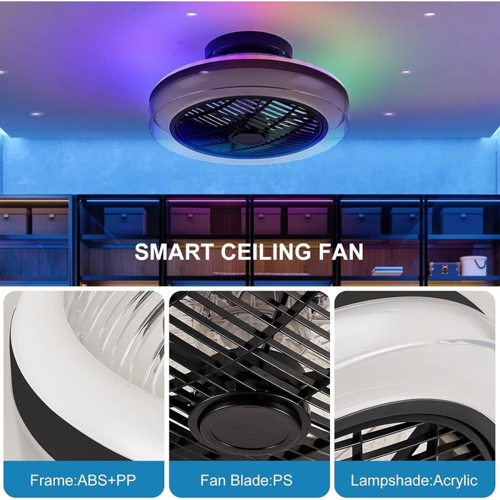 Smart Bladeless RGB Ceiling Fan with Light and Remote, Enclosed Flush Mount Chandelier Fan Light with Alexa Google Assistant APP Control for Living Room -6-ErisView