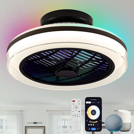 Smart Bladeless RGB Ceiling Fan with Light and Remote, Enclosed Flush Mount Chandelier Fan Light with Alexa Google Assistant APP Control for Living Room -1-ErisView