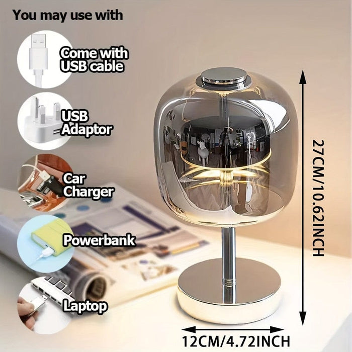 Smoke Grey Glass Table Lamp Desk Lamp, Dimmable Bedside Night Light with USB Port-ErisView