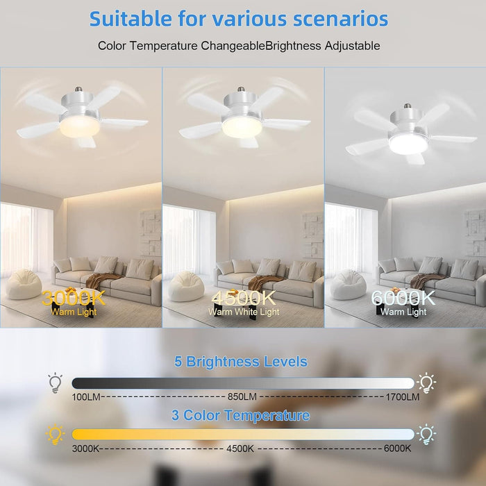 Socket Fan Ceiling Fan with Light Remote Control, Screw In Light Bulb Ceiling Fan, Small Ceiling Fan with Light Bedroom Living Room with Light-6-ErisView