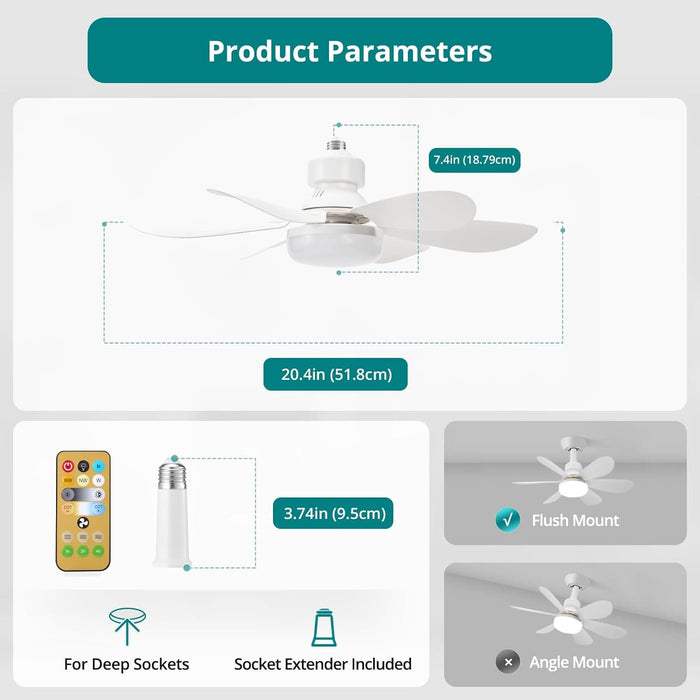 Socket Fan Light, Ceiling Fans with Lights and Remote, Dimmable Small Ceiling Fan, Flush Mount Screw In Ceiling Fan for Bedroom Kitchen Living Room-7-ErisView
