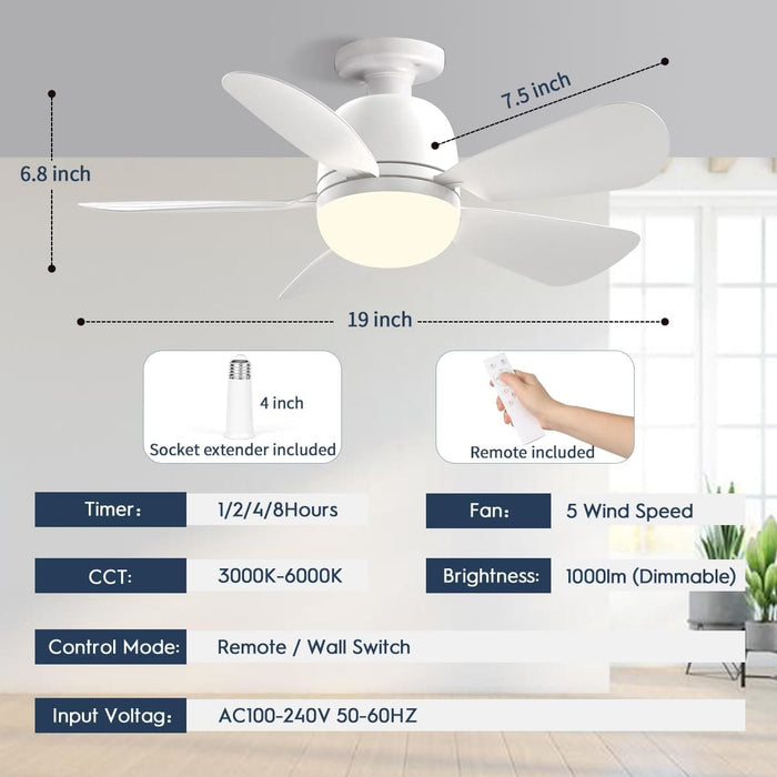 Socket Fan Light, Dimmable Small Ceiling Fan with Light and Remote for Bedroom Kitchen, Garage Ceiling Fan -6-ErisView