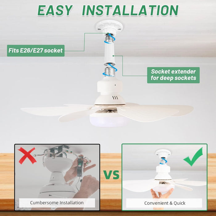 Socket Fan Light with Remote,, Ceiling Fan with Low Profile Light for Kitchen Bedroom Dining Room Living Room-6-ErisView