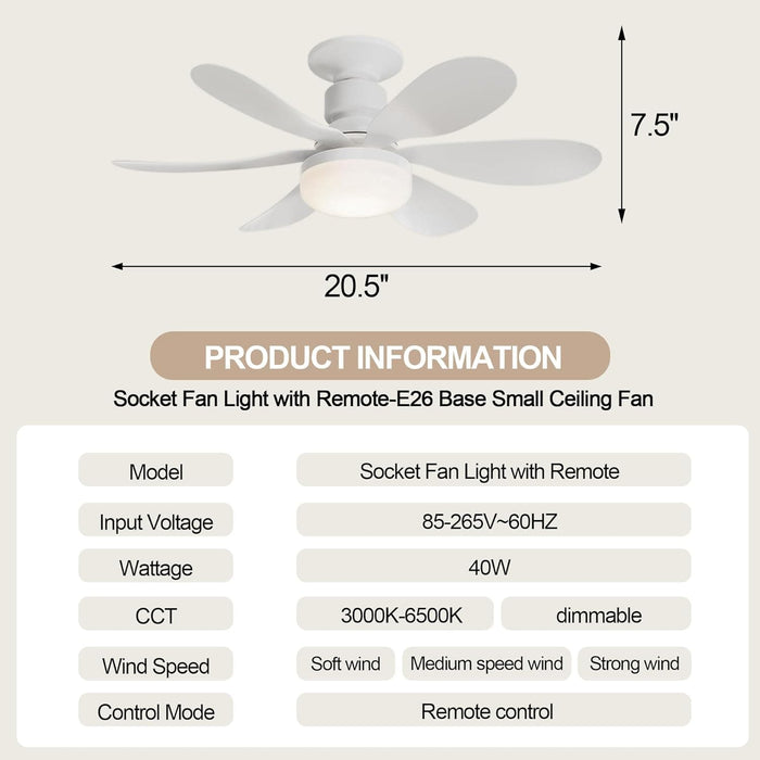 Socket Fan Light with Remote, LED Ceiling Fan with Lights for Bedroom Kitchen Balcony-2-ErisView