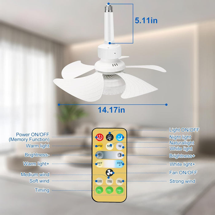 Socket Light Fan with Remote Control, White Small Ceiling Fan with Lights, Dimmable LED Ceiling Fan for Bedroom Kitchen Closet, Wireless Ceiling Fan-6-ErisView