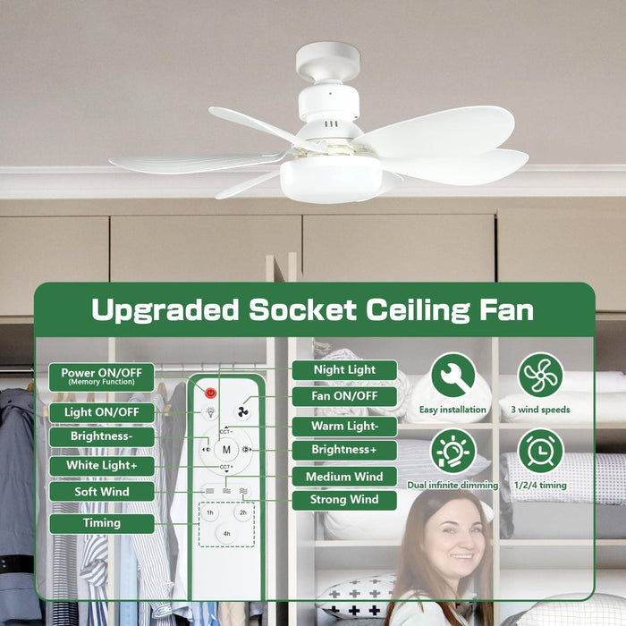 Socket Remote Control Ceiling Fan and Light, Dimmable LED Ceiling Fan for Bedroom, Kitchen and Small Rooms, Garage Ceiling Fan -2-ErisView