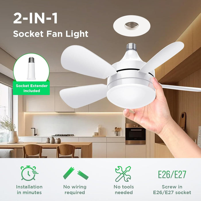 Socket Remote Control Ceiling Fan and Light, Socket Fan Light with Dimmable LED Light, Small Ceiling Fan for Bedroom Living Room Kitchen Garage-2-ErisView