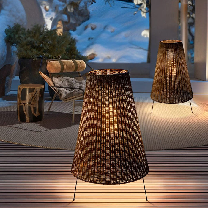 Tripod Woven Rattan Floor Lamp, Rustic Outdoor Waterproof Standing Lamp with Hand-Braided Shade for Cozy Indoor & Garden Spaces-ErisView-2