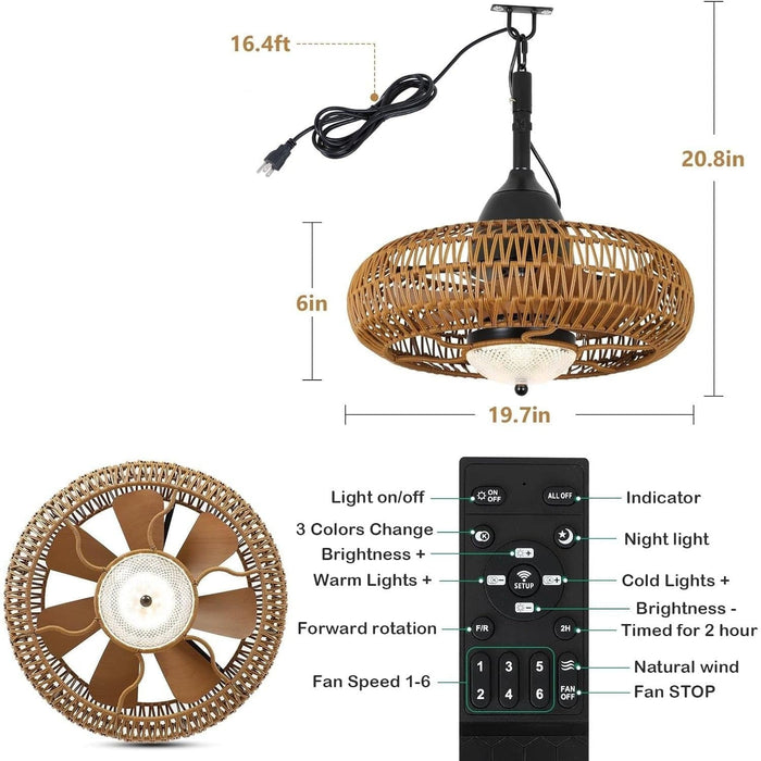 Waterproof Ceiling Fan with Light and Remote, Wet Rated Outdoor Fan for Gazebo, Boho Rattan Ceiling Fan for Living Room Bedroom, Outdoor Fan for Patio-6-ErisView