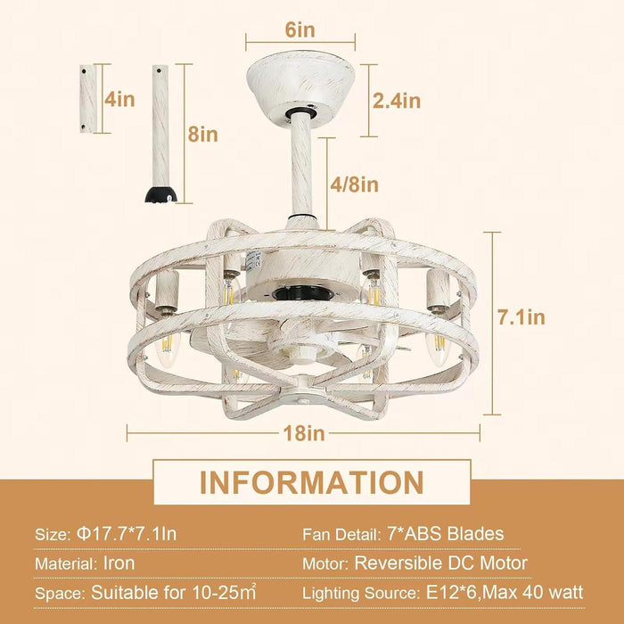 White Caged Ceiling Fan with Light, Retro Farmhouse Ceiling Fan for Bedroom Kitchen Living Room, Reversible Fan for Summer Winter, Fandelier Ceiling Fan -5-ErisView