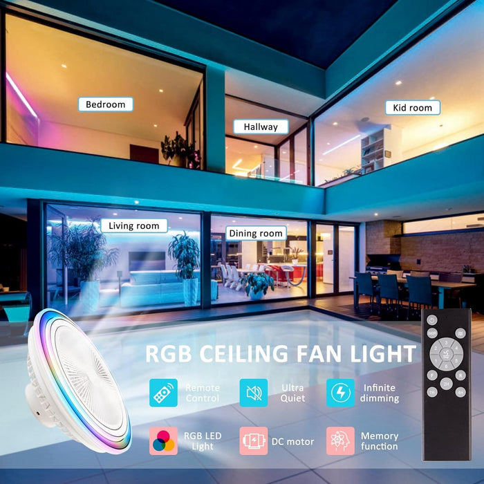 White Enclosed Remote Control Ceiling Fan with LED Light, RGB Dimmable Ceiling Fan with Bluetooth Speaker-9-ErisView