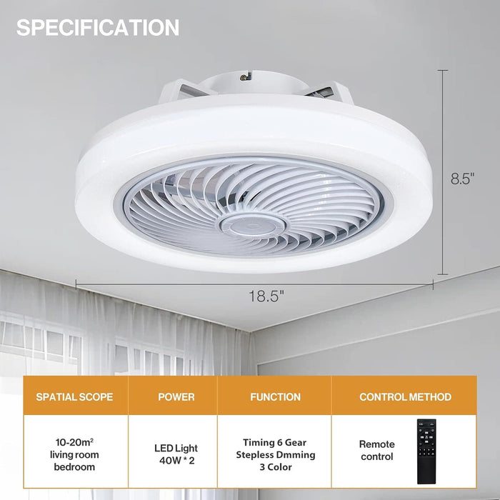 White Modern Flush Mount Ceiling Fan with LED Lights and Remote Control, Dimming, Small Bladeless Low Profile Ceiling Fans for Bedroom Living Room Kitchen-3-ErisView