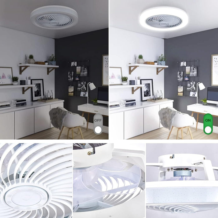 White Modern Flush Mount Ceiling Fan with LED Lights and Remote Control, Dimming, Small Bladeless Low Profile Ceiling Fans for Bedroom Living Room Kitchen-6-ErisView