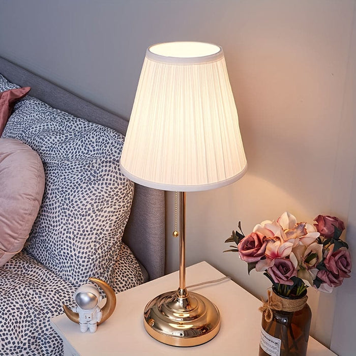 White Portable LED Table Lamp Nightstand Lamp, Dimmable Table Lamp Bedside Night Lamp with Pull Chain Fabric Lamp Shade for TableTop Bedroom Restaurant-ErisView