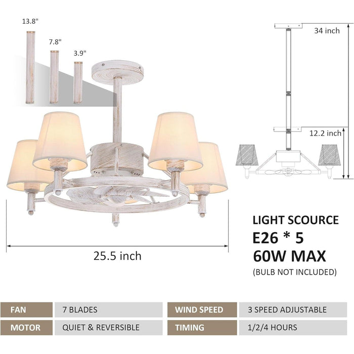 White Retro Ceiling Fan Chandelier with Lights and Remote Control, 7 Blades Reversible Quiet Ceiling Fans-3-ErisView