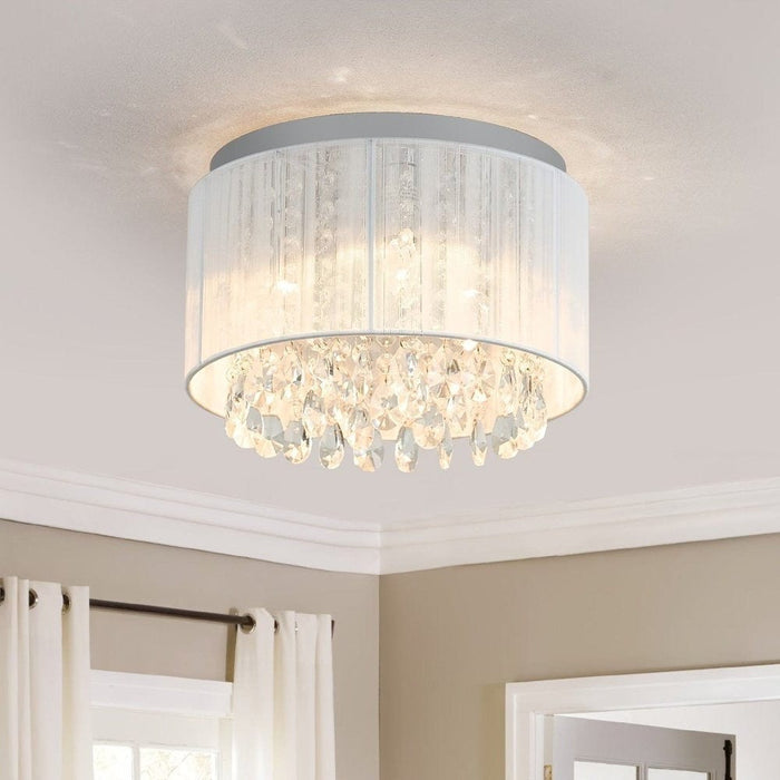 White Small Drum Shaped Flush Mount Light, Flush Mount Crystal Chandelier for Living Room Foyer Bedroom Entrance ErisView