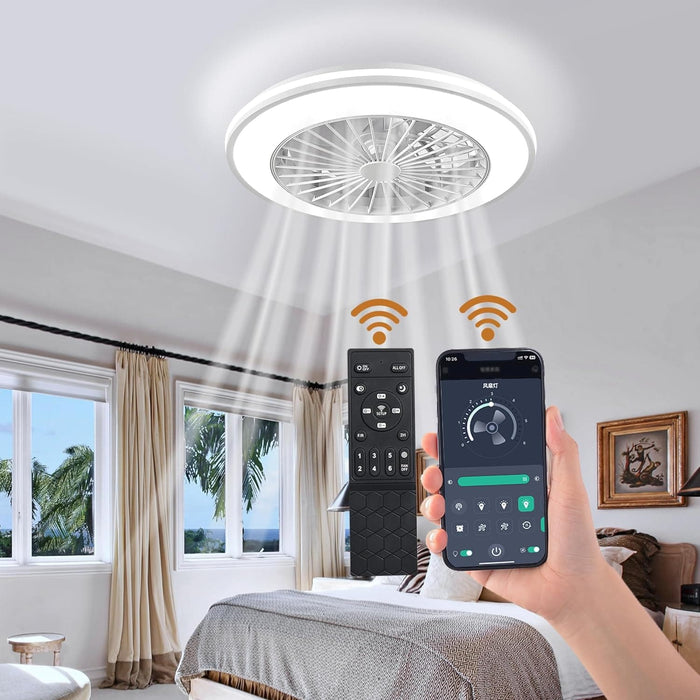 White Smart Ceiling Fan with Lights and Remote, Ceiling Fan on Low Ceiling with Light, Flush Mount Bladeless Modern Ceiling Fan, Bladeless Ceiling Fan -7-ErisView