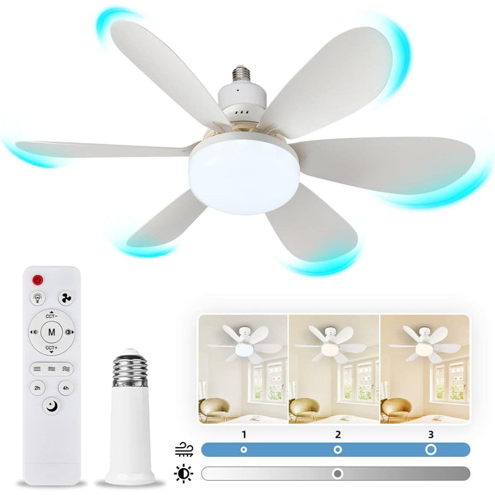 White Socket Fan Light with Remote, Screw In Small Ceiling Fan with Light, Cordless Light Socket Fan, Dimmable LED Ceiling Fan for Garages and Small Rooms -1-ErisView