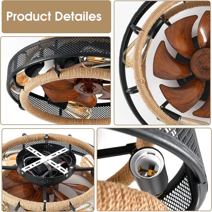 Woven Caged Low Profile Ceiling Fan with Lights, Enclosed Industrial Looking Ceiling Fan with Remote Control-3-ErisView