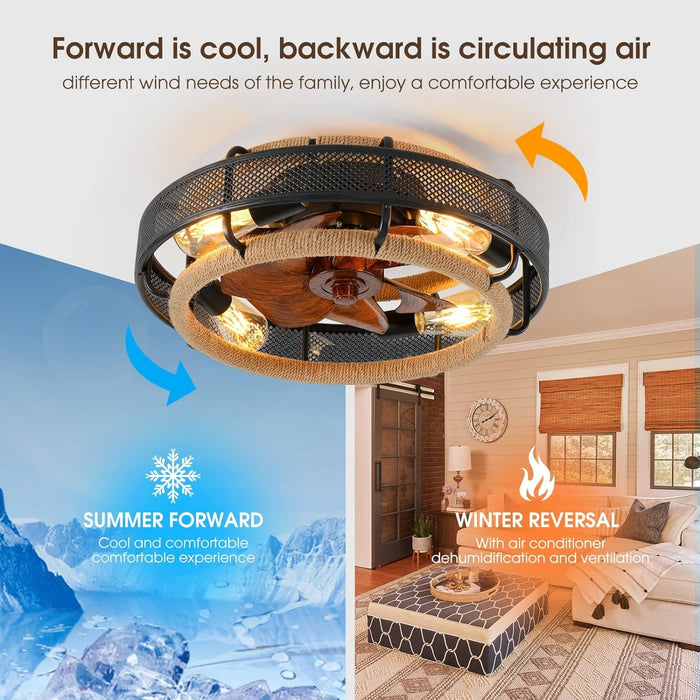 Woven Caged Low Profile Ceiling Fan with Lights, Enclosed Industrial Looking Ceiling Fan with Remote Control-5-ErisView