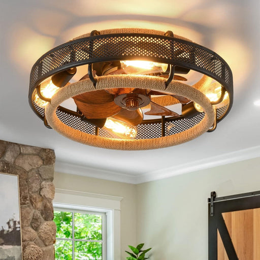 Woven Caged Low Profile Ceiling Fan with Lights, Enclosed Industrial Looking Ceiling Fan with Remote Control-1-ErisView